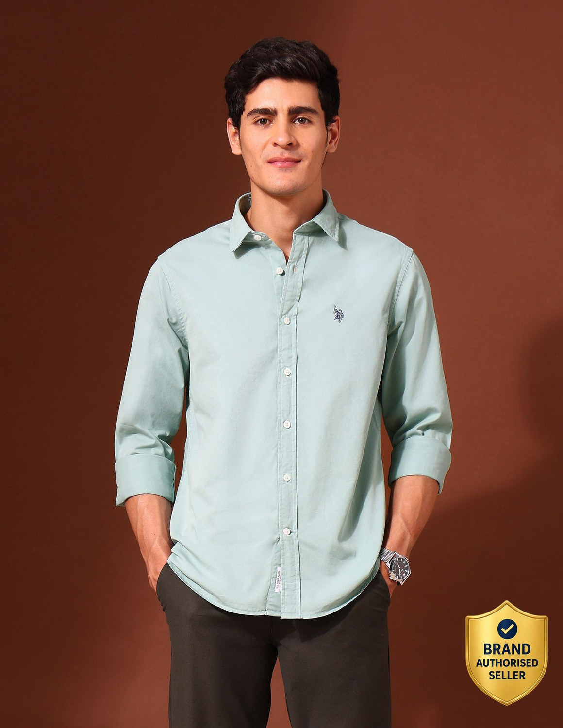 Image of U.S. POLO ASSN. Men Solid Casual Green Shirt