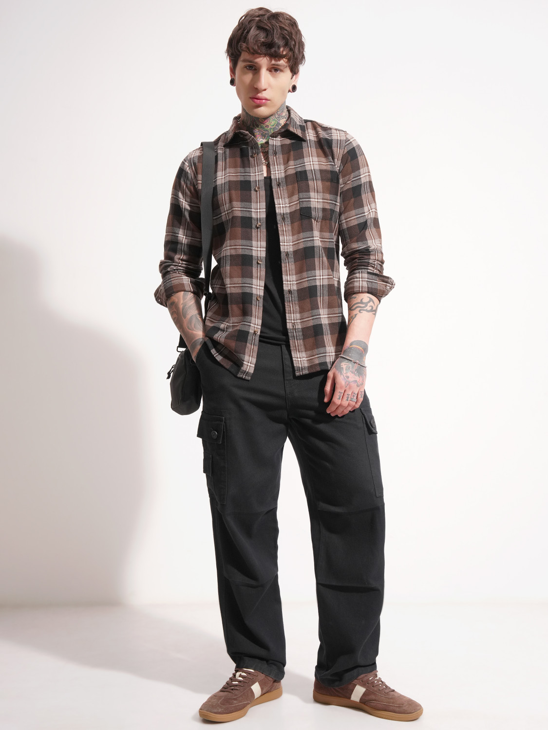 Image of HIGHLANDER Men Checkered Casual Brown Shirt