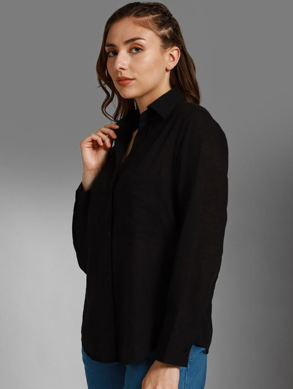 Image of SAARSHE Women Solid Casual Black Shirt