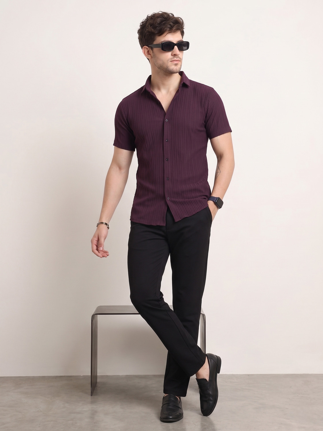 Image of NIVICK Men Self Design Casual Purple Shirt