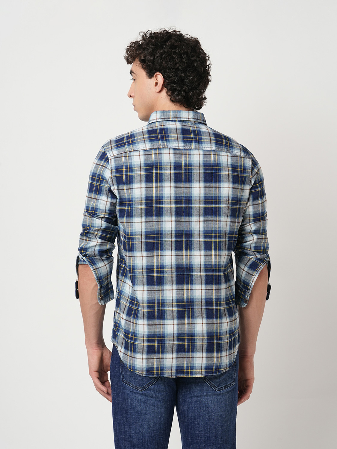 Image of Blue Buddha Men Checkered Casual Yellow Shirt