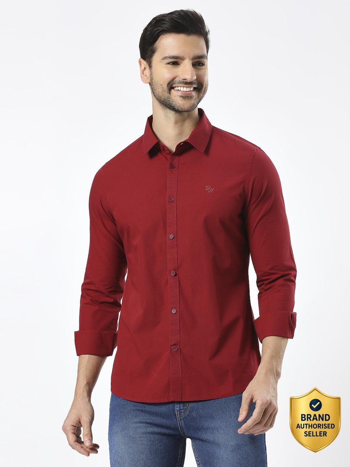 Image of BEING HUMAN Men Solid Casual Maroon Shirt