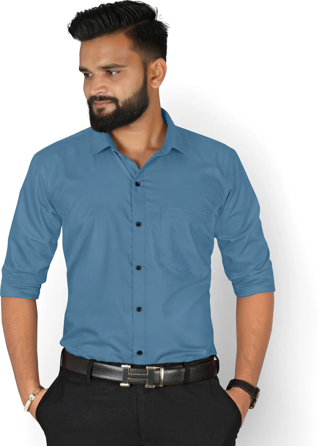 Image of FIBERMILL Men Solid Formal Light Blue Shirt