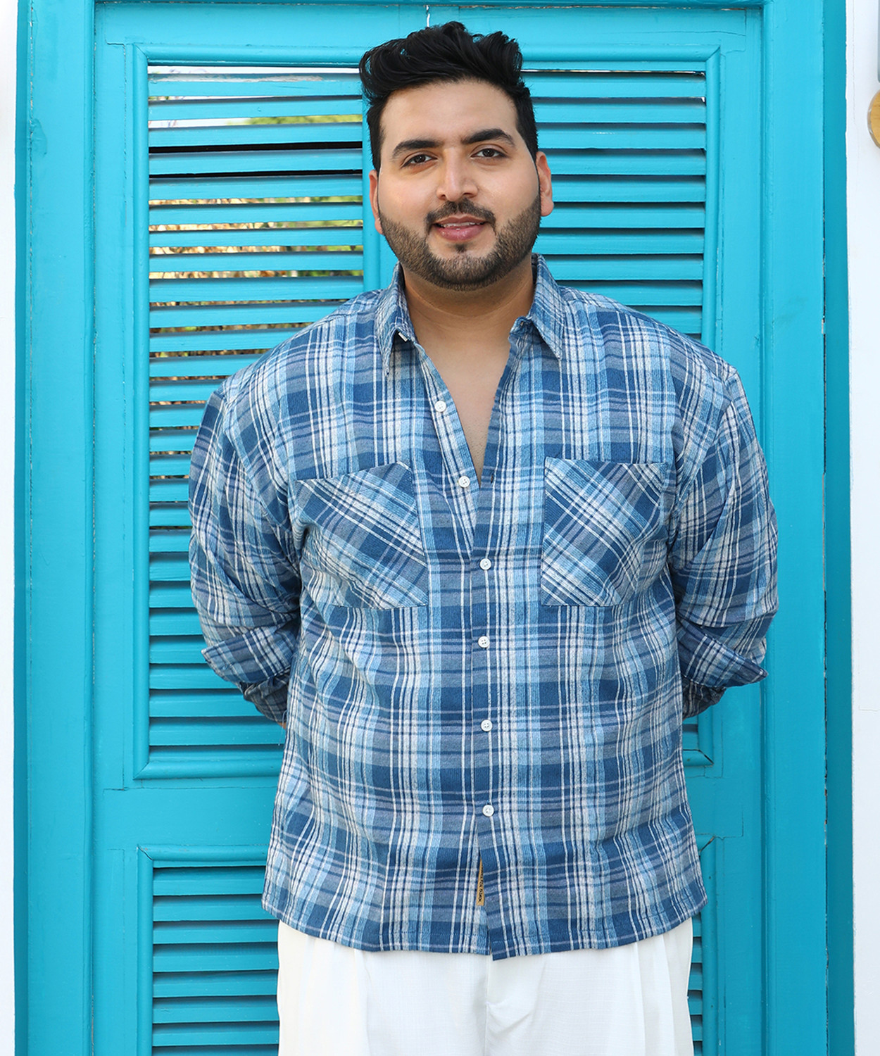 Image of Instafab Plus Men Checkered Casual Blue Shirt