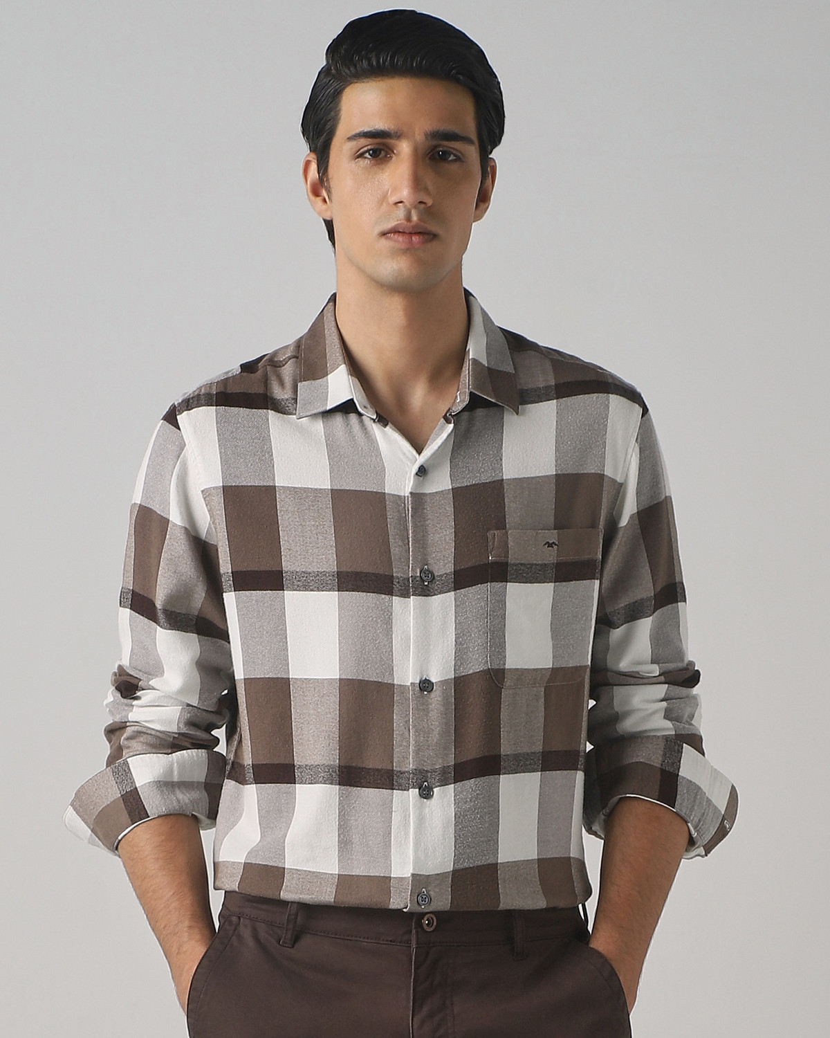 Image of MUFTI Men Checkered Casual Brown Shirt