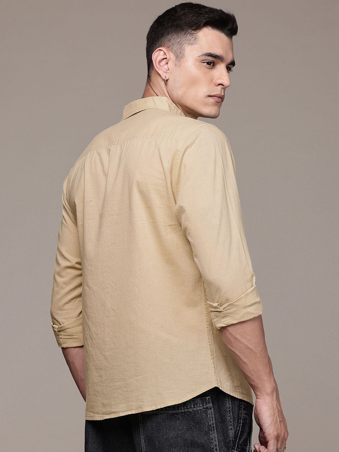 Image of Roadster Men Solid Casual Beige Shirt