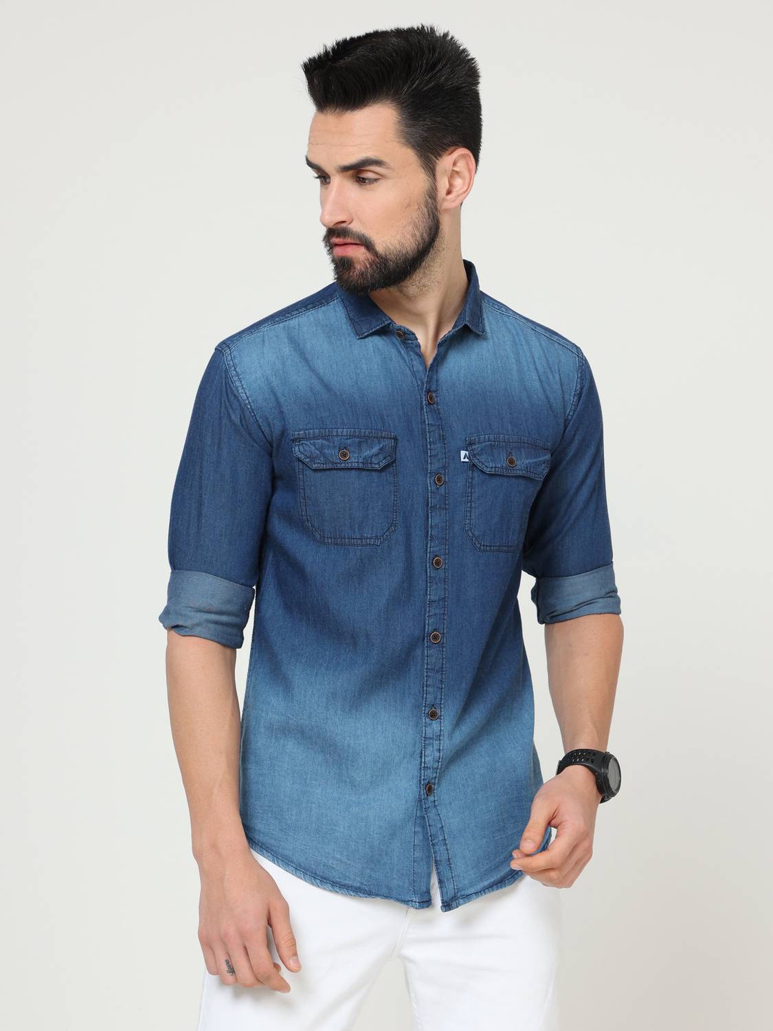 ALLWIN PAUL Men Washed Casual Dark Blue Shirt