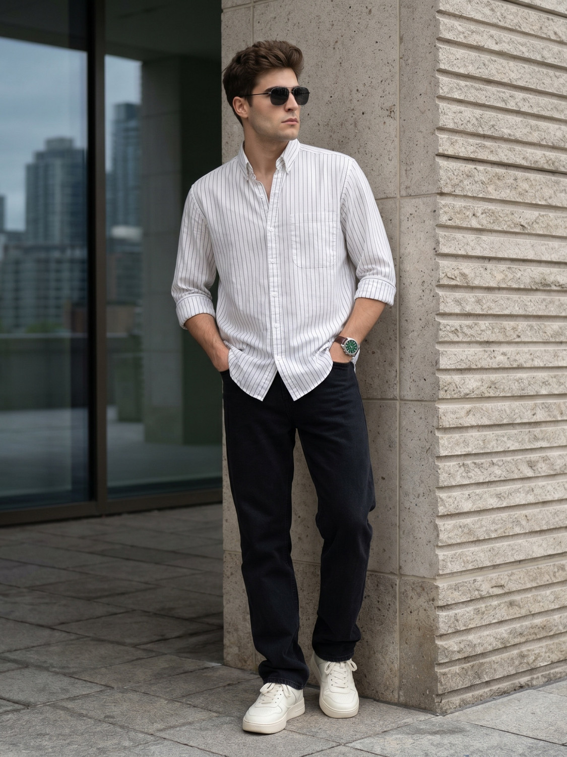Image of KUONS AVENUE Men Striped Casual White, Grey Shirt