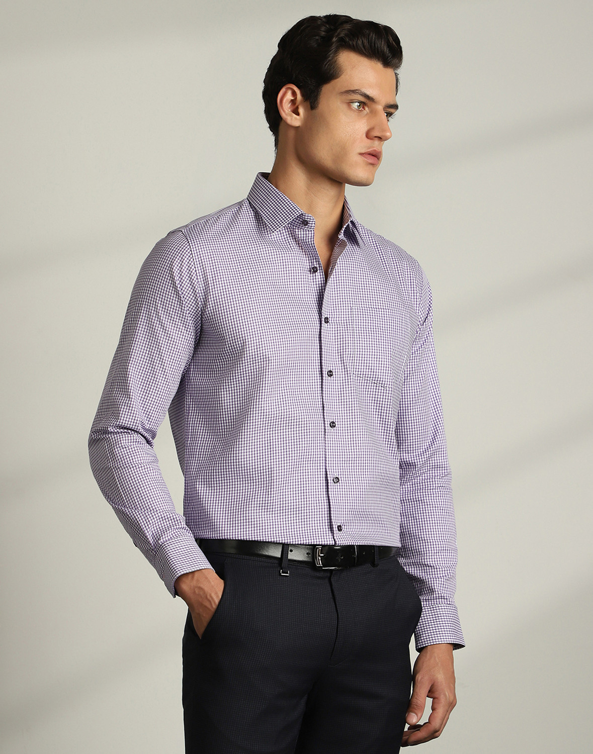 Image of VAN HEUSEN Men Checkered Formal Purple Shirt