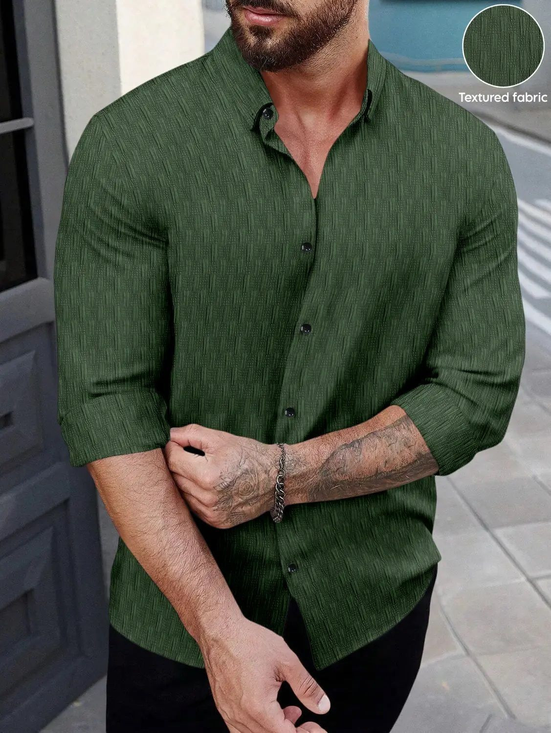 Image of DENEEJA Men Solid Casual Dark Green Shirt