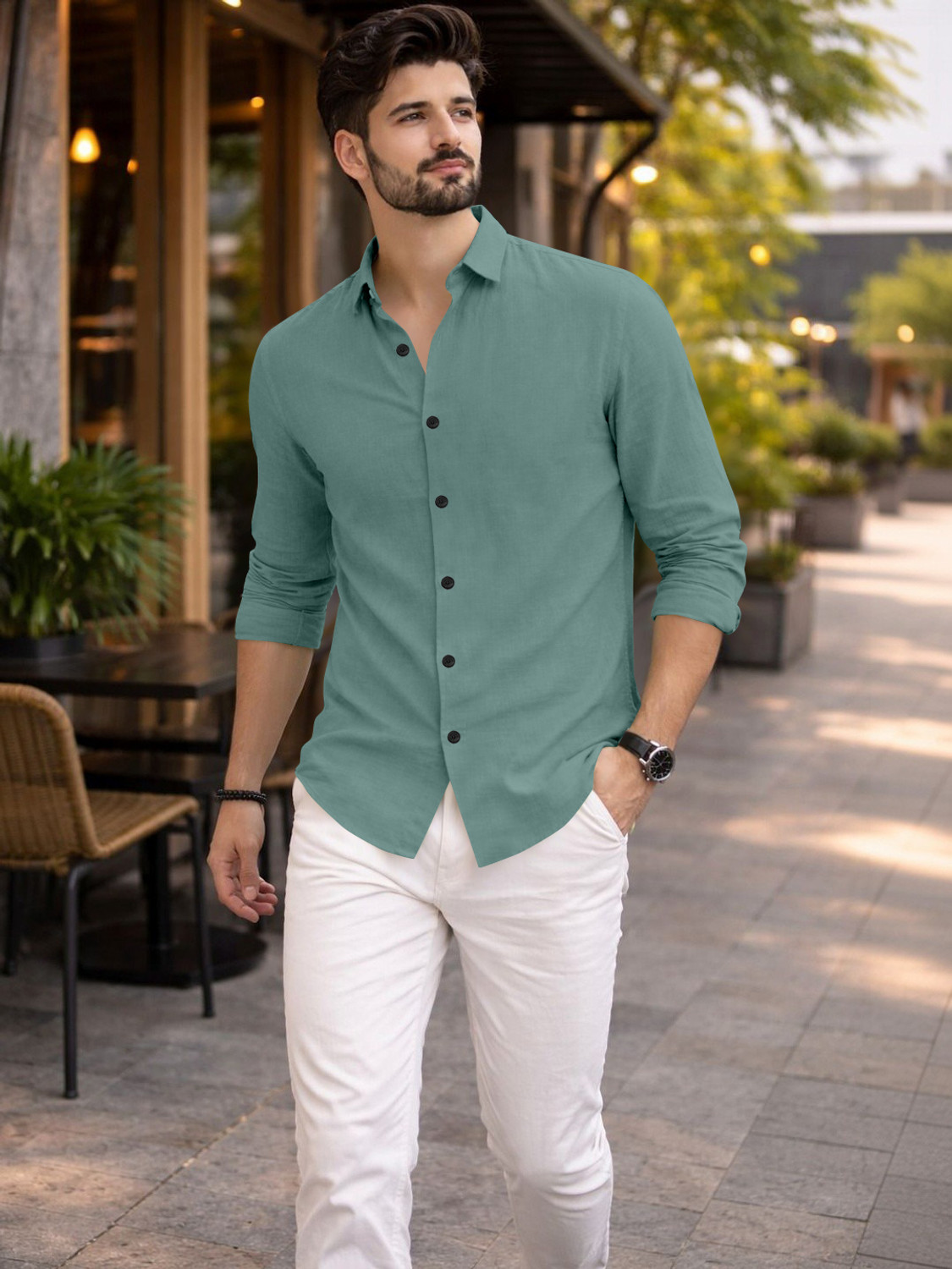 Image of Mameru Men Regular Fit Solid Cut Away Collar Casual Shirt