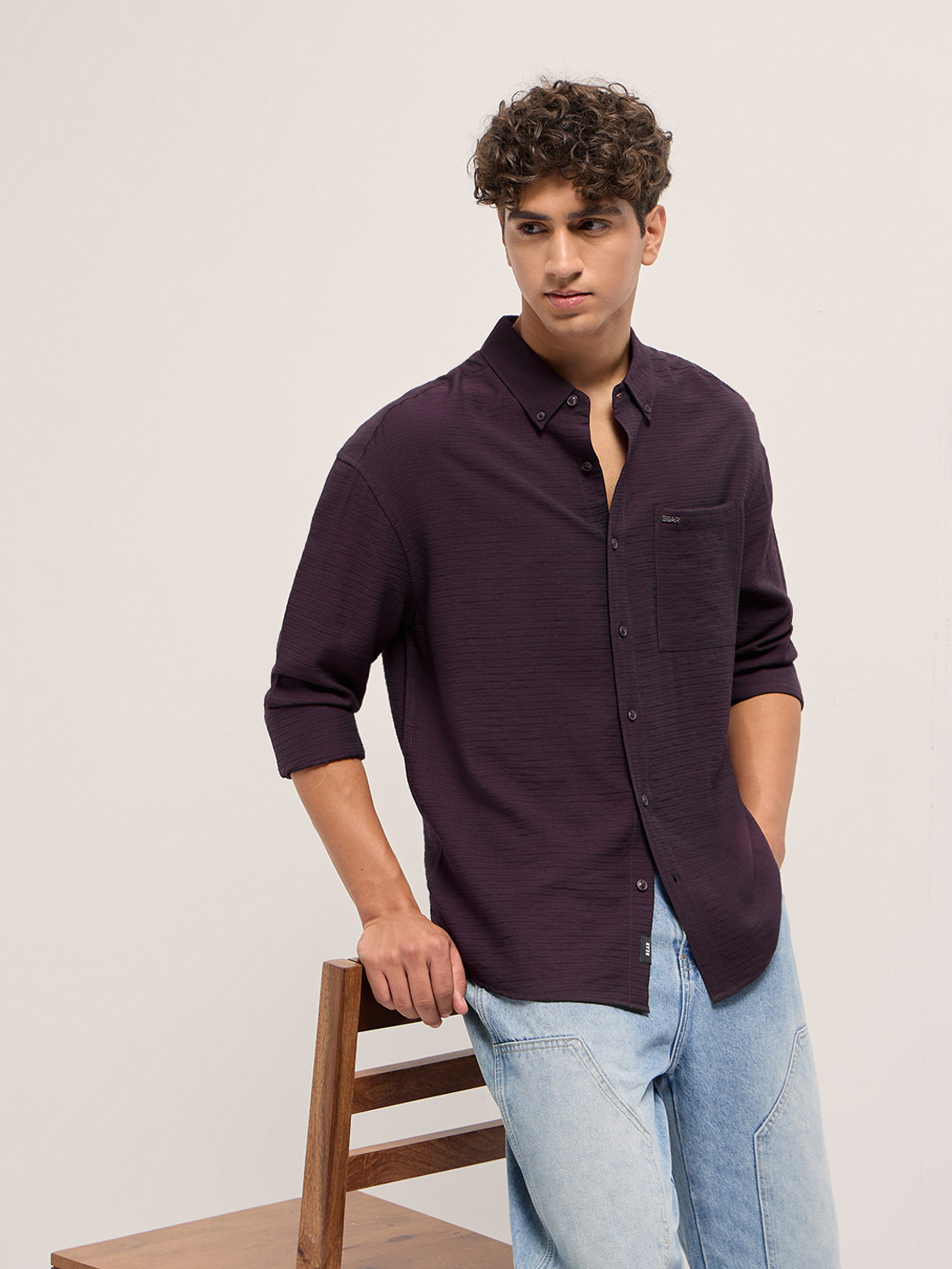 Image of THE BEAR HOUSE Men Self Design Casual Purple Shirt