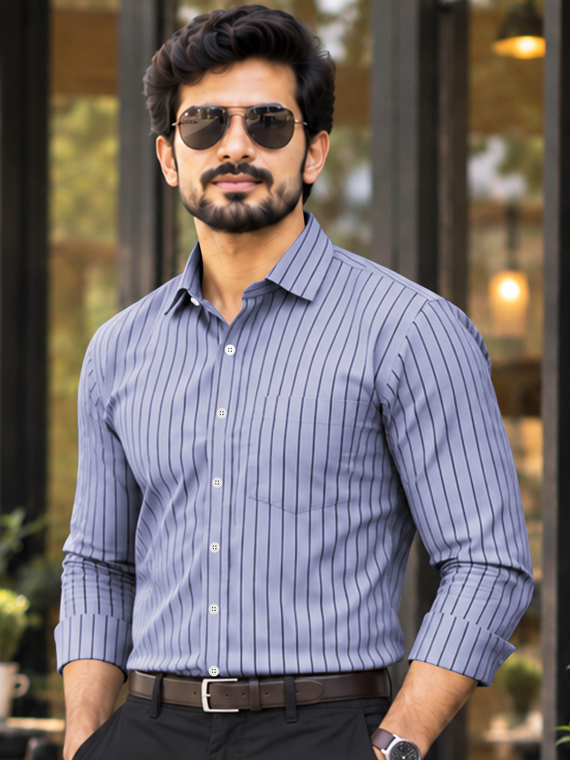 Image of VeBNoR Men Striped Formal Light Blue Shirt