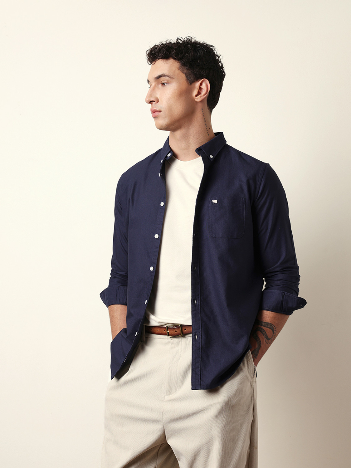 Image of THE BEAR HOUSE Men Solid Casual Blue Shirt