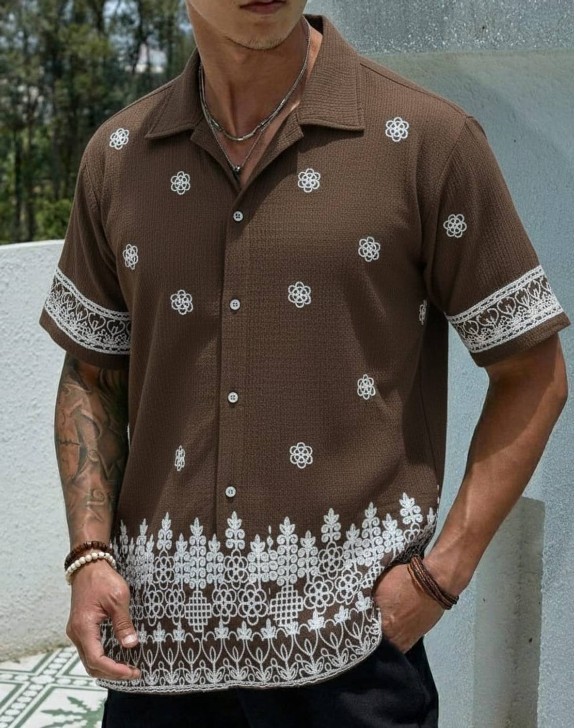 ELEANERMENS Men Embroidered Brown Shirt - Image 1