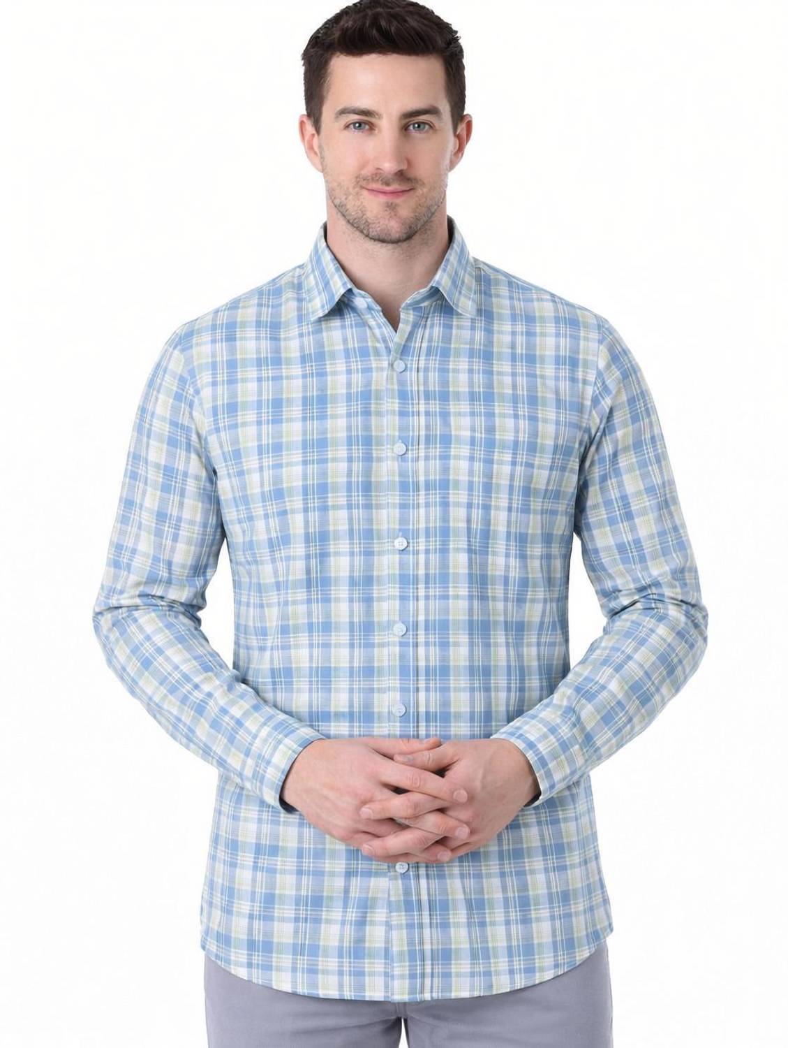 BEEDARK Men Checkered Formal Light Blue Shirt