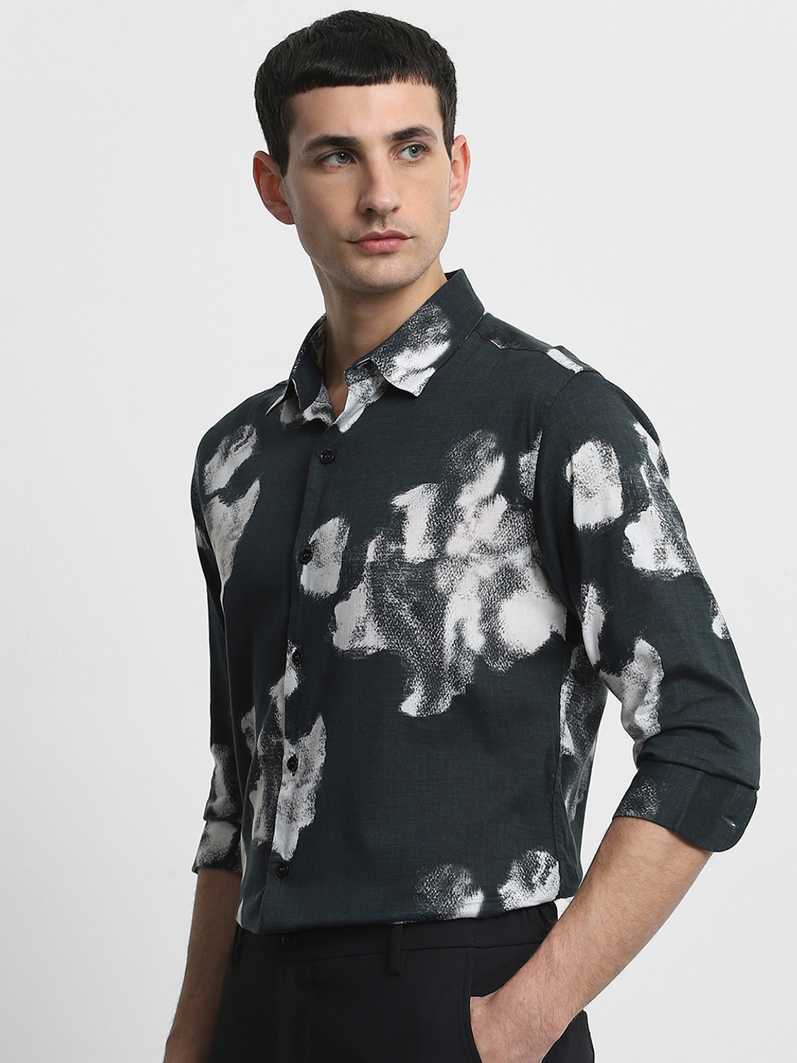 Image of MUFTI Men Printed Casual Dark Green Shirt