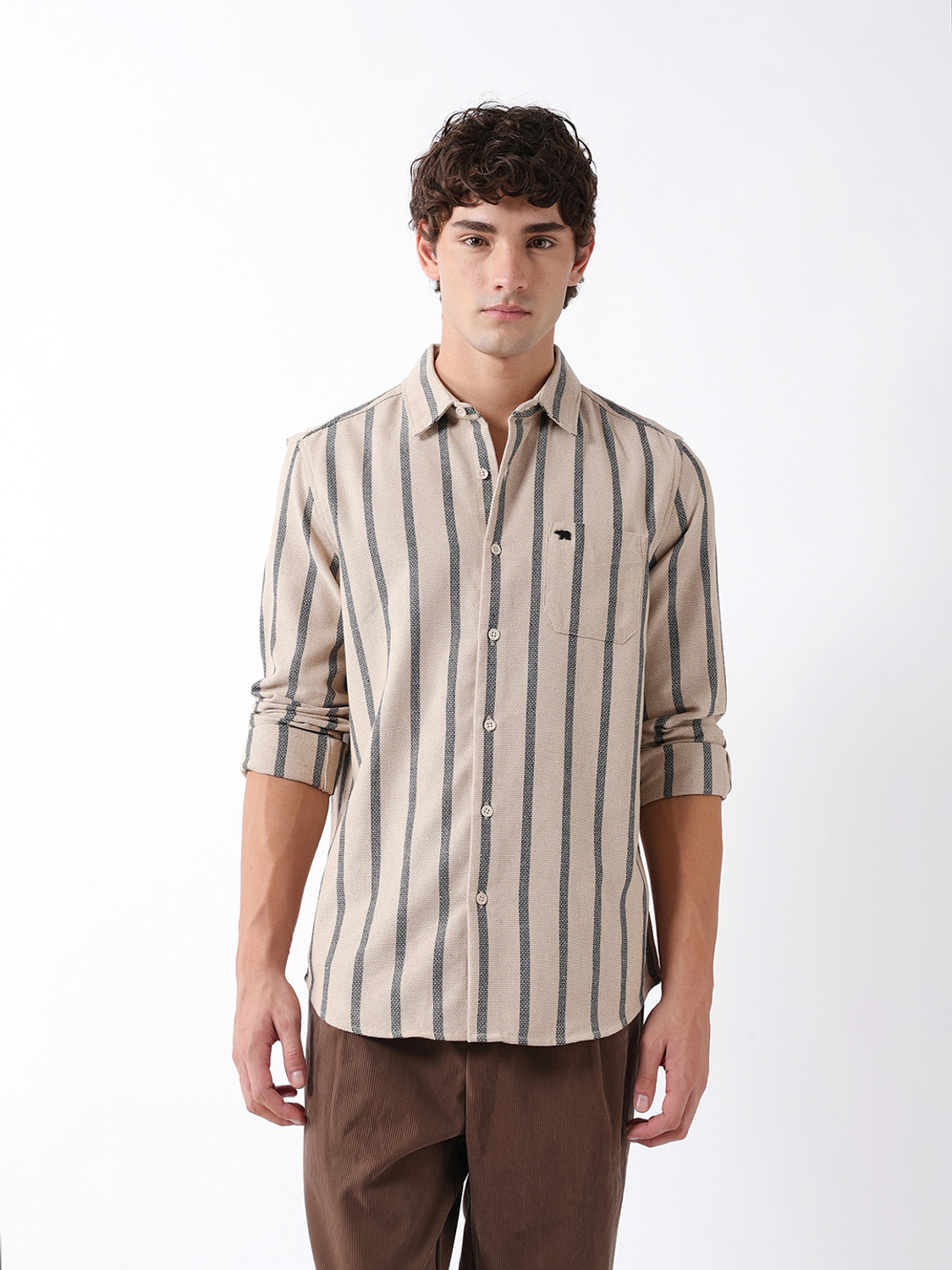 Image of THE BEAR HOUSE Men Striped Casual Beige Shirt