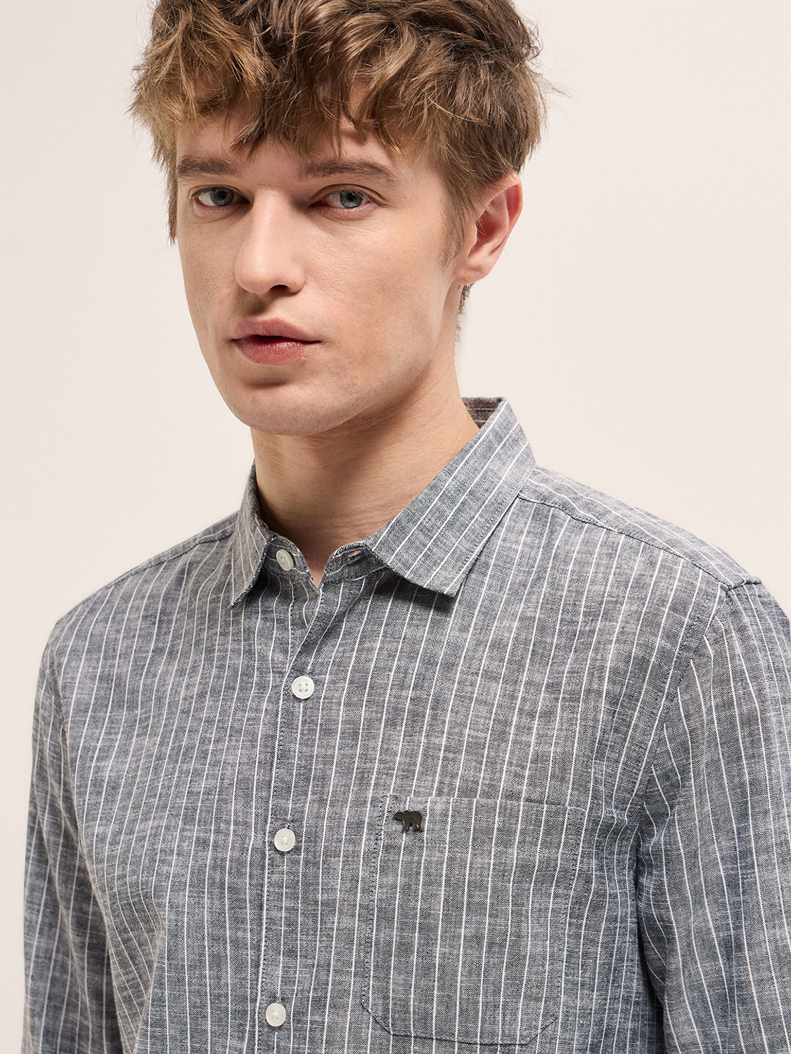 Image of THE BEAR HOUSE Men Striped Casual Grey Shirt