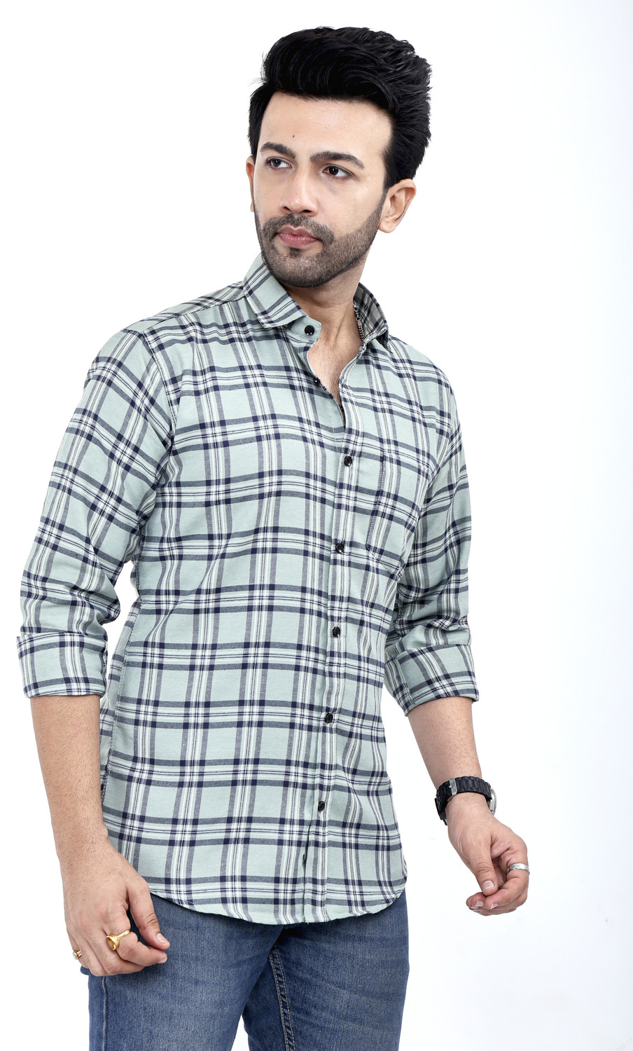 Image of FATTY MOUSE Men Checkered Casual Green Shirt