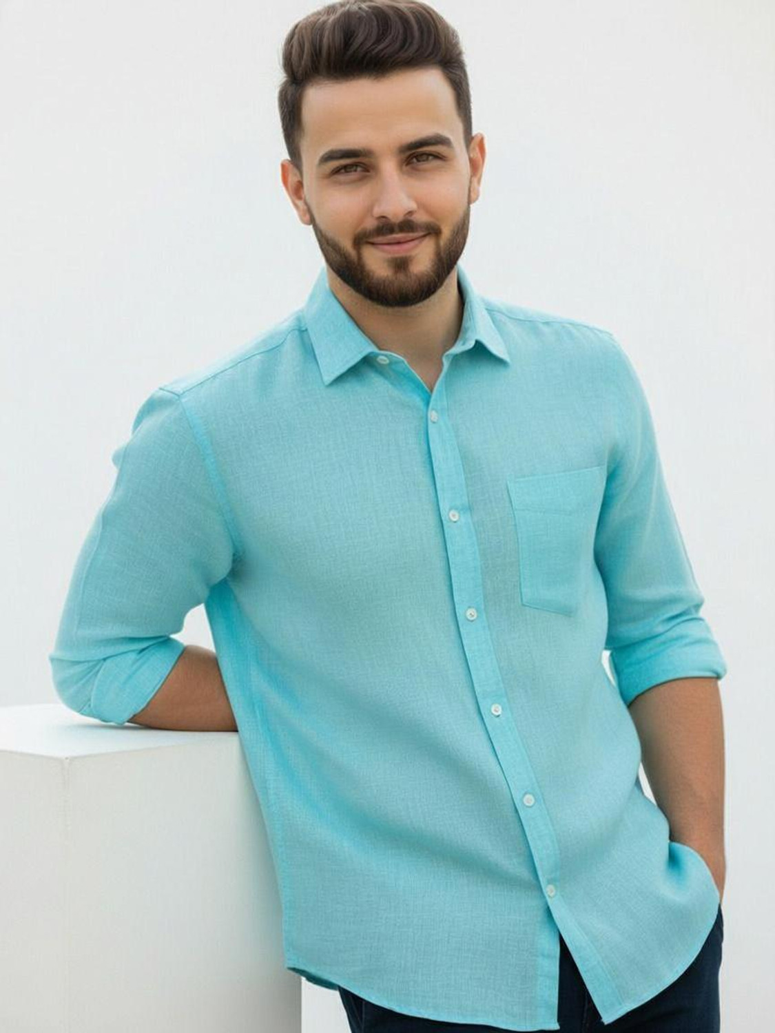Image of PSI Men Solid Casual Light Blue Shirt