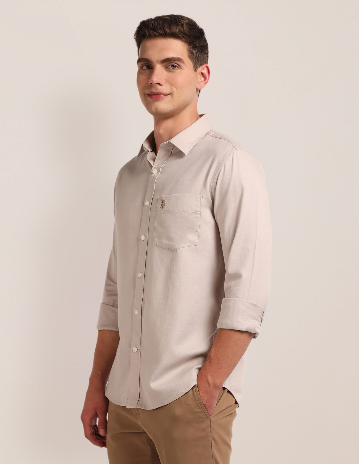Image of U.S. POLO ASSN. Men Solid Casual Beige Shirt