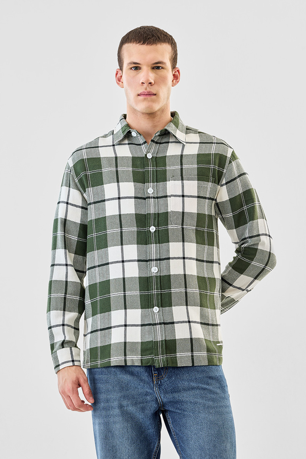 Image of Snitch Men Checkered Casual Green, White Shirt