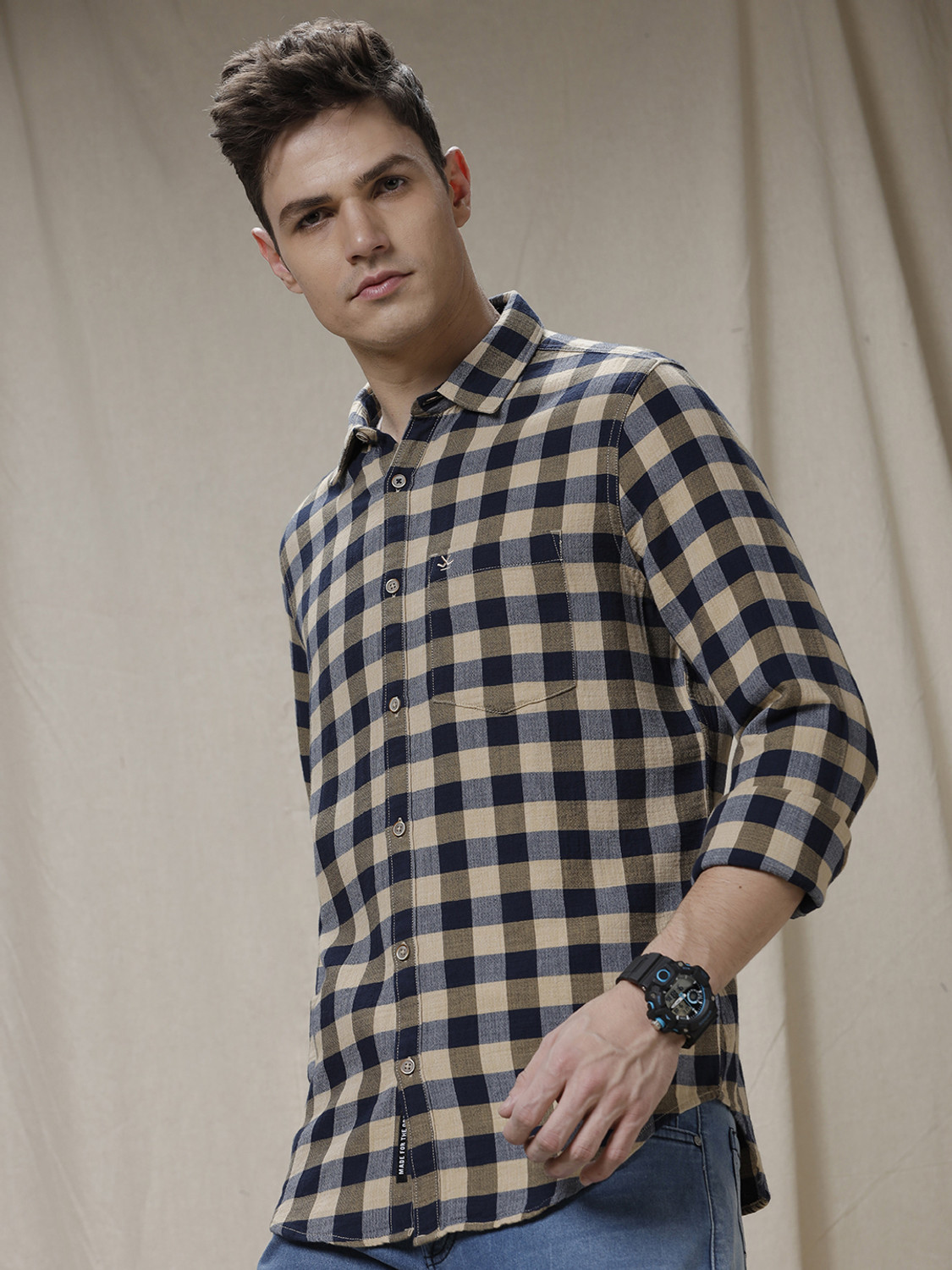 Image of WROGN Men Checkered Casual Beige, Dark Blue Shirt
