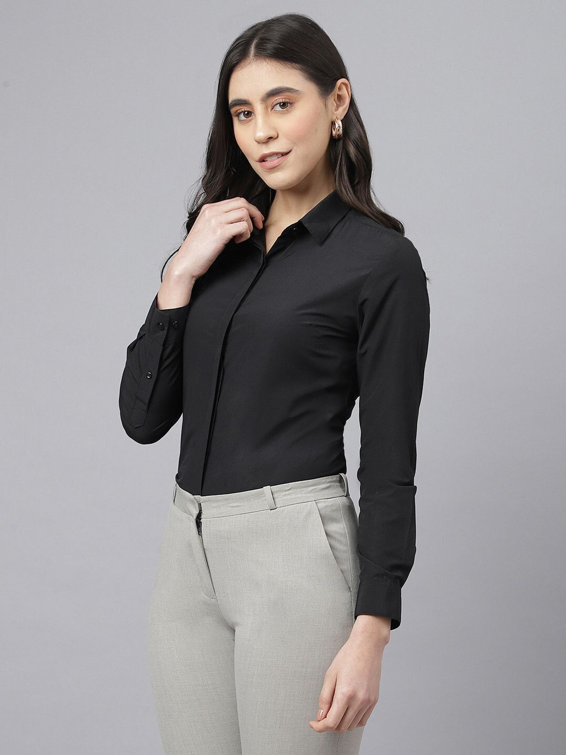 Image of English Navy Women Solid Formal Black Shirt