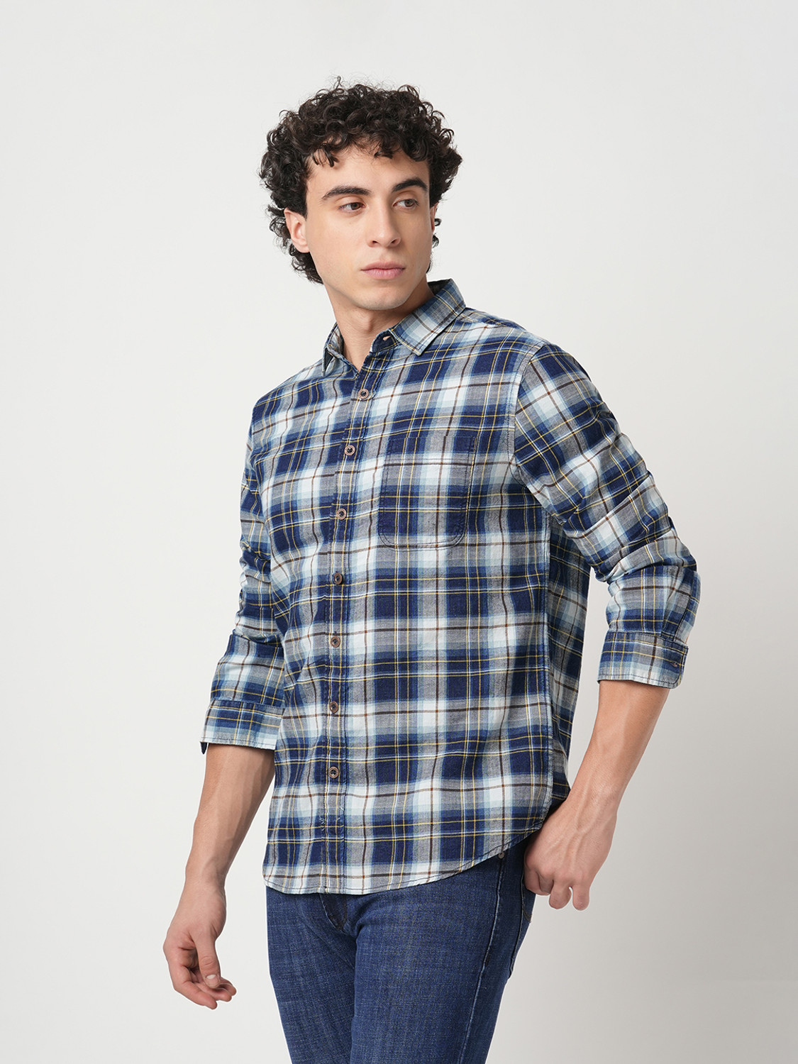 Image of Blue Buddha Men Checkered Casual Yellow Shirt
