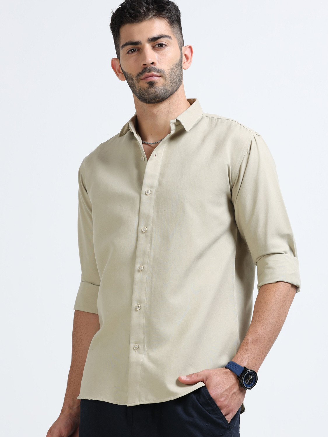 Image of WHISQ Men Solid Casual Cream Shirt