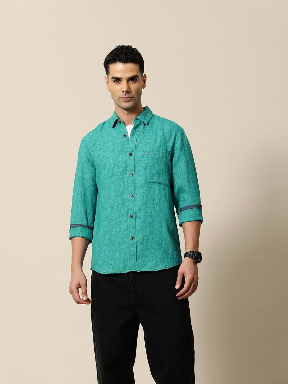 Image of Mr Bowerbird Men Solid Casual Blue Shirt