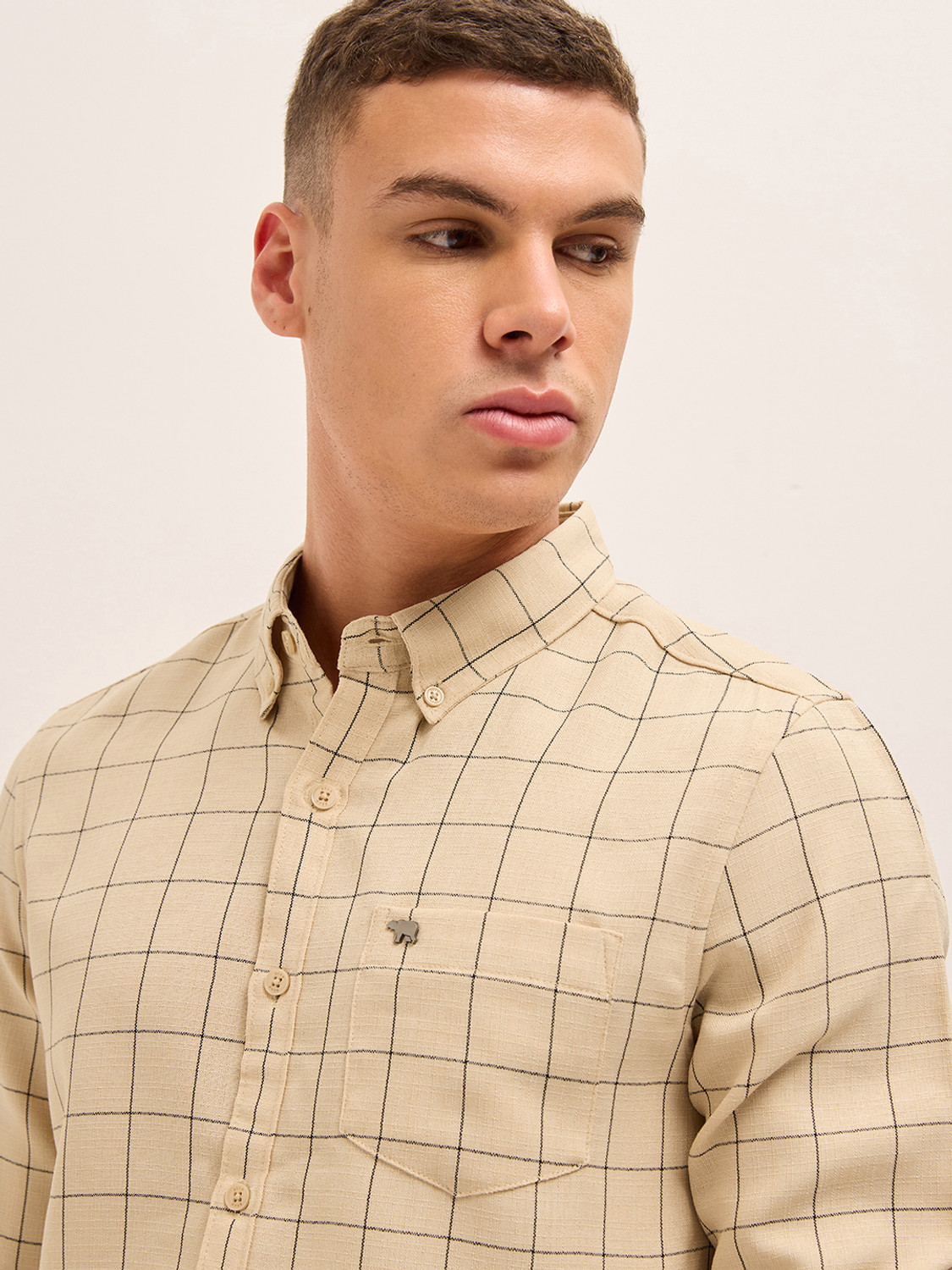 Image of THE BEAR HOUSE Men Checkered Casual Cream Shirt