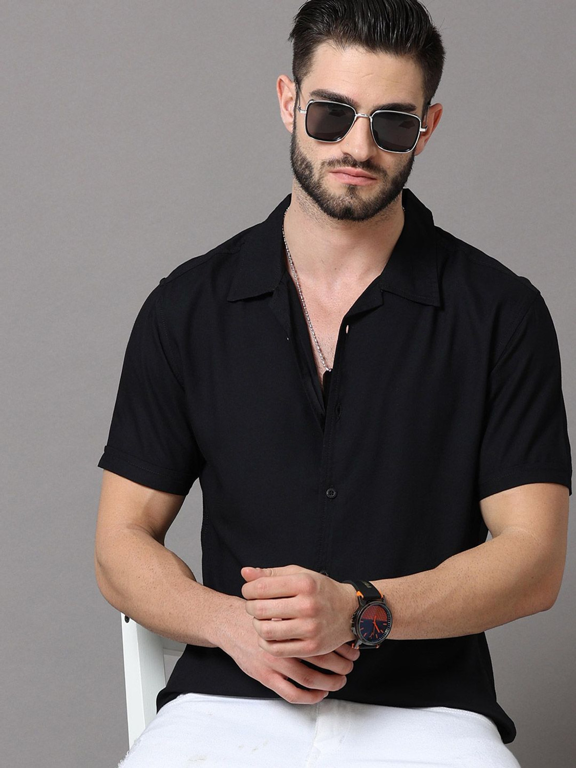 Image of HERE&NOW Men Solid Casual Black Shirt