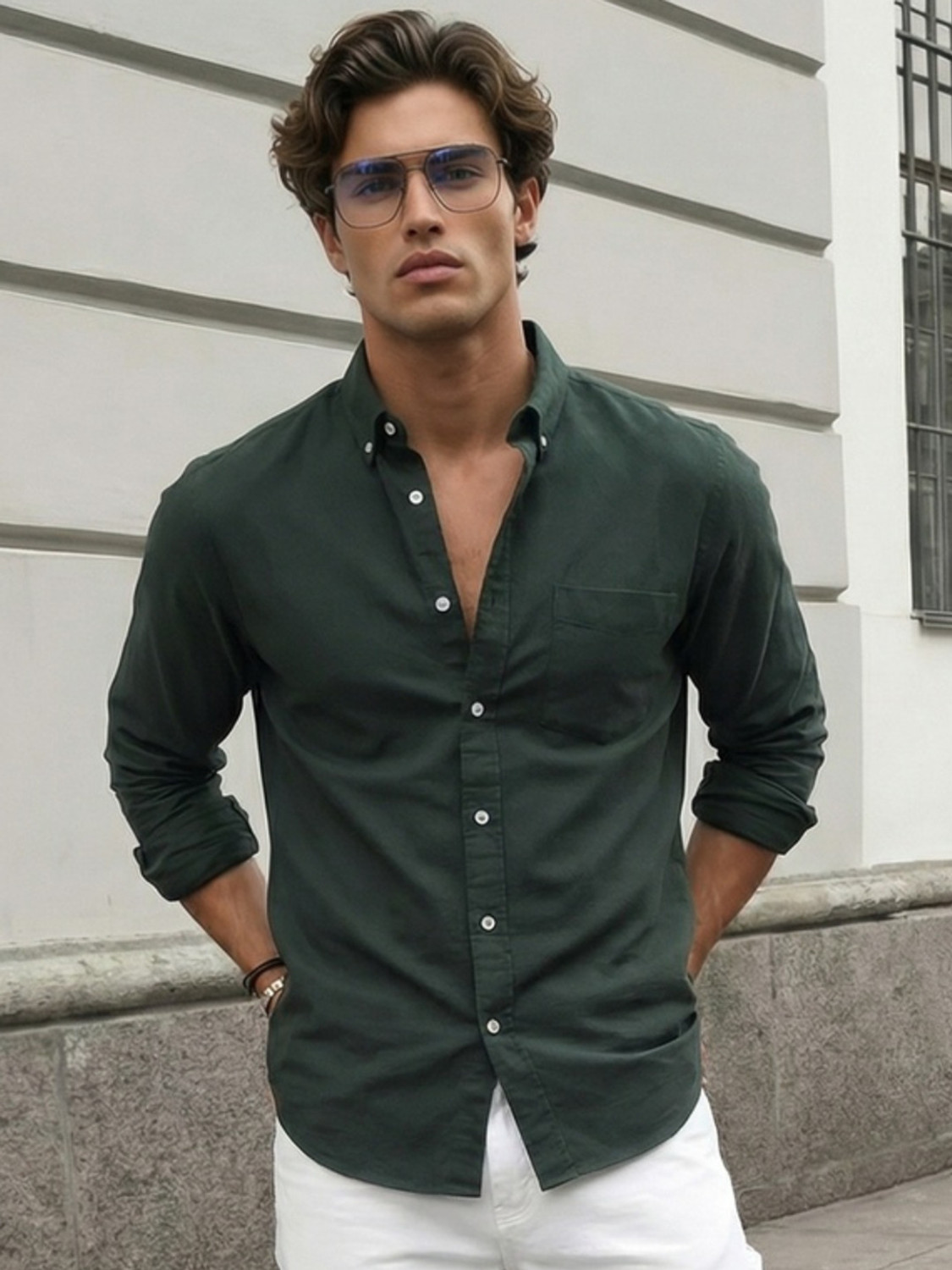Image of Urbano Fashion Men Solid Casual Dark Green Shirt