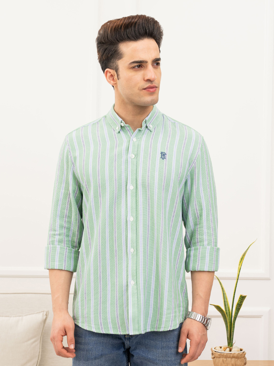 Image of RED TAPE Men Striped Casual Green Shirt
