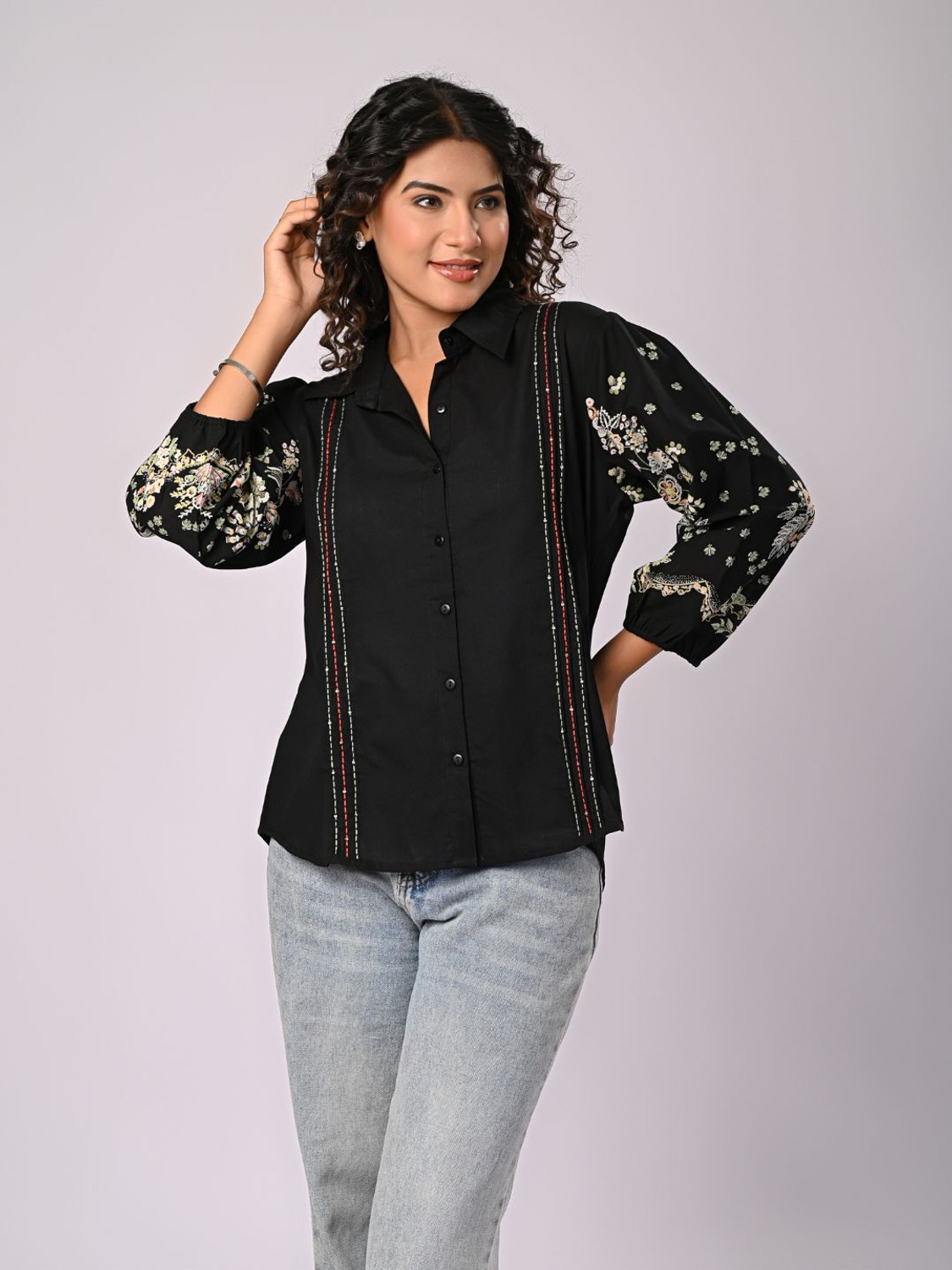 Image of Zolo Label Women Solid, Floral Print, Embroidered Casual Black Shirt