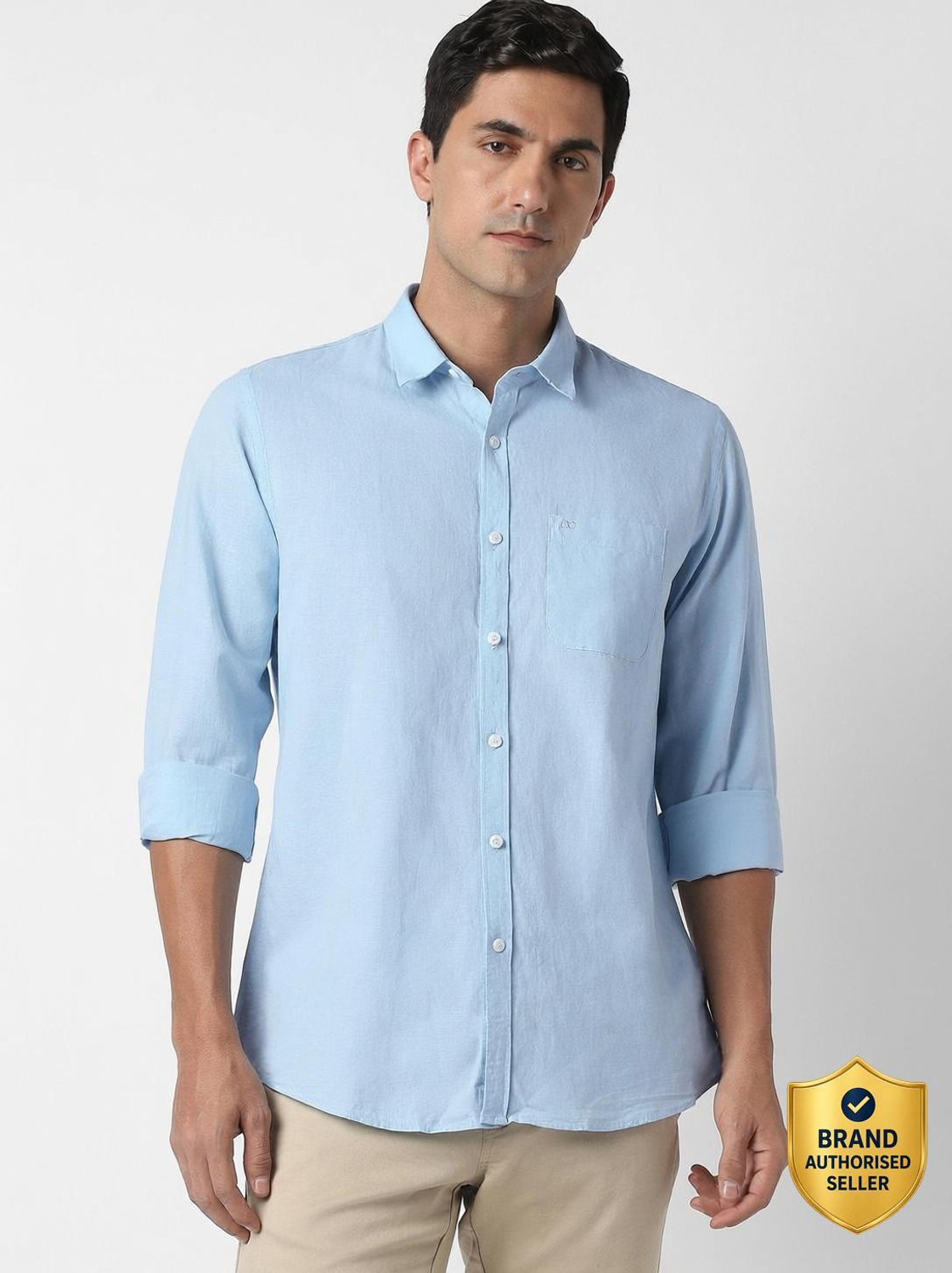 Image of PETER ENGLAND Men Solid Casual Light Blue Shirt