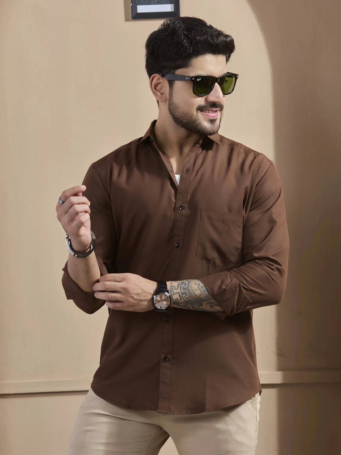 Image of STONEBERG Men Solid Formal Brown Shirt