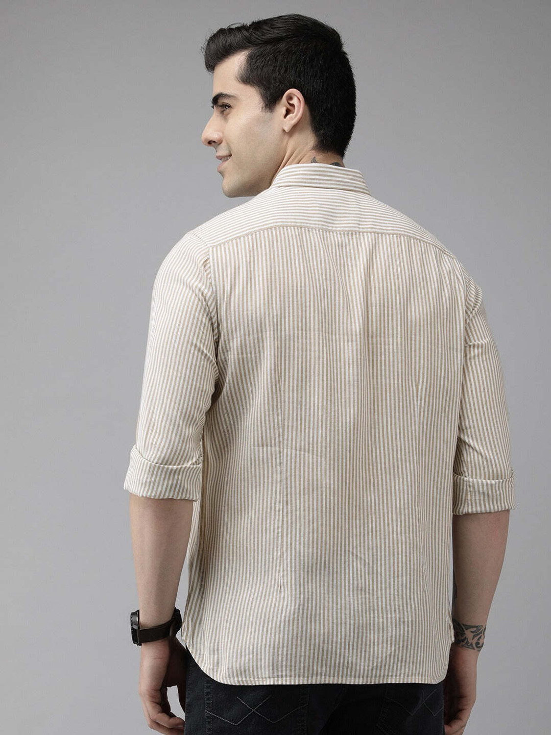 Image of THE BEAR HOUSE Men Striped Casual Beige, White Shirt