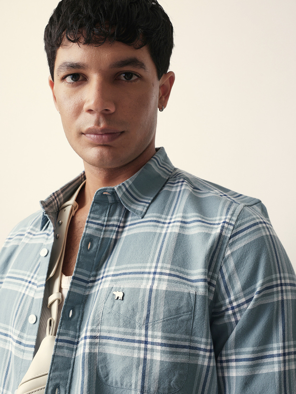 Image of THE BEAR HOUSE Men Checkered Casual Light Blue Shirt