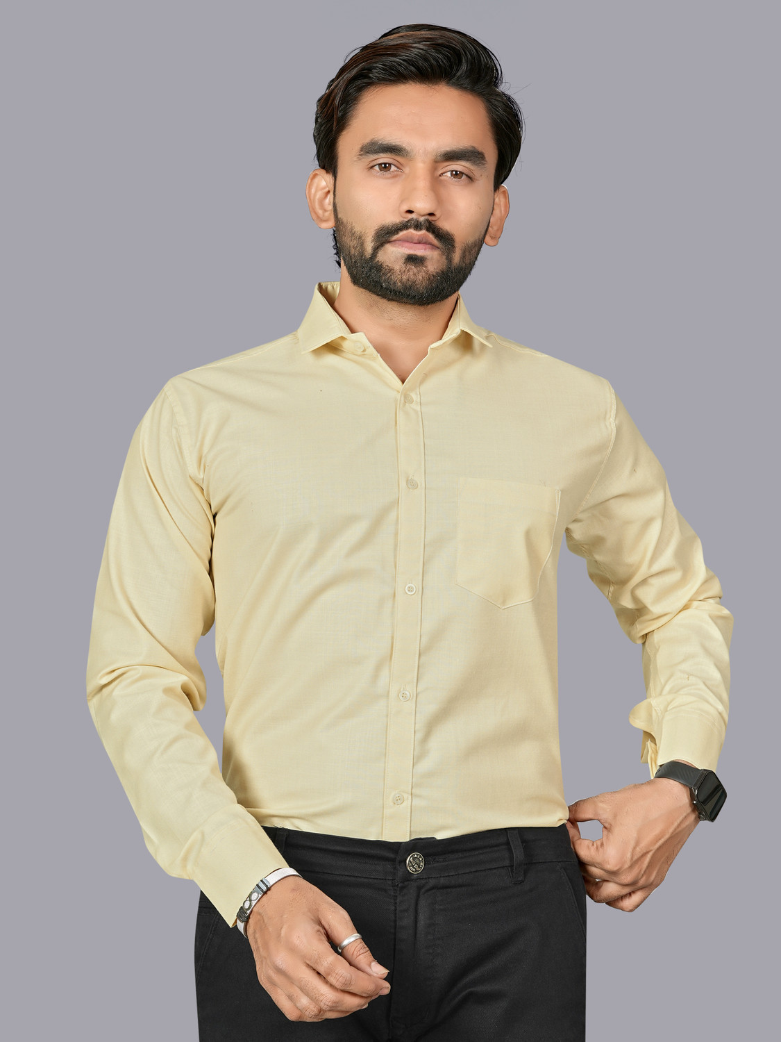 Image of REJIO Men Solid Casual Yellow Shirt