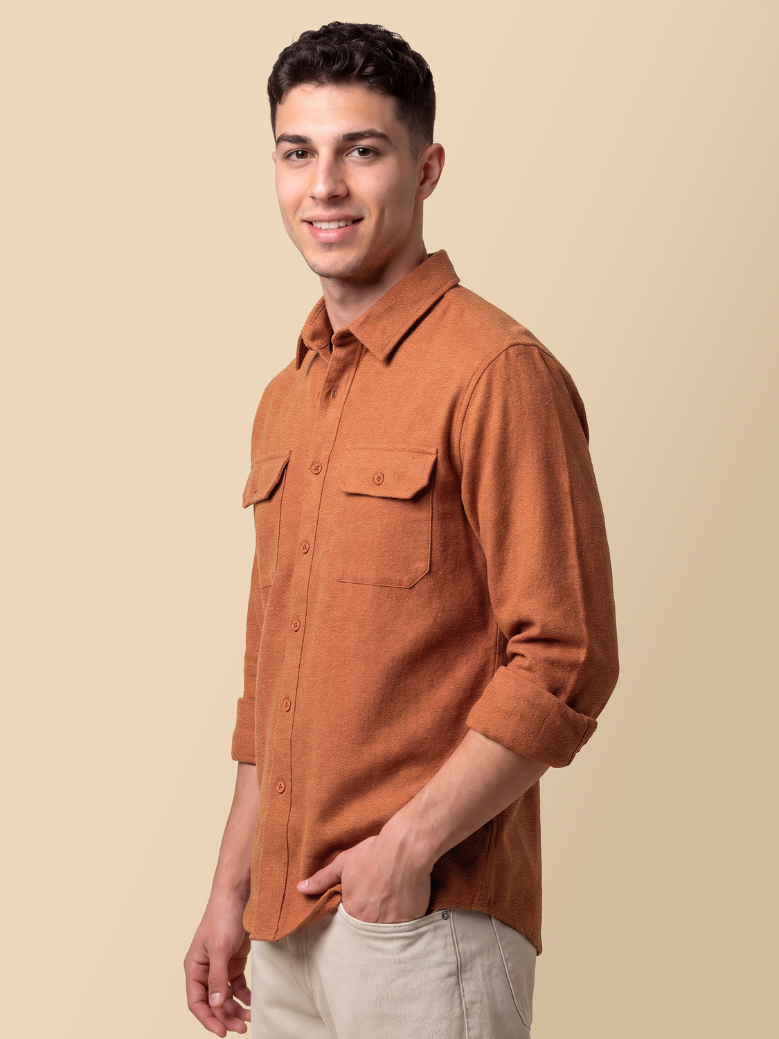 Image of BEYOUNG Men Solid Casual Orange Shirt