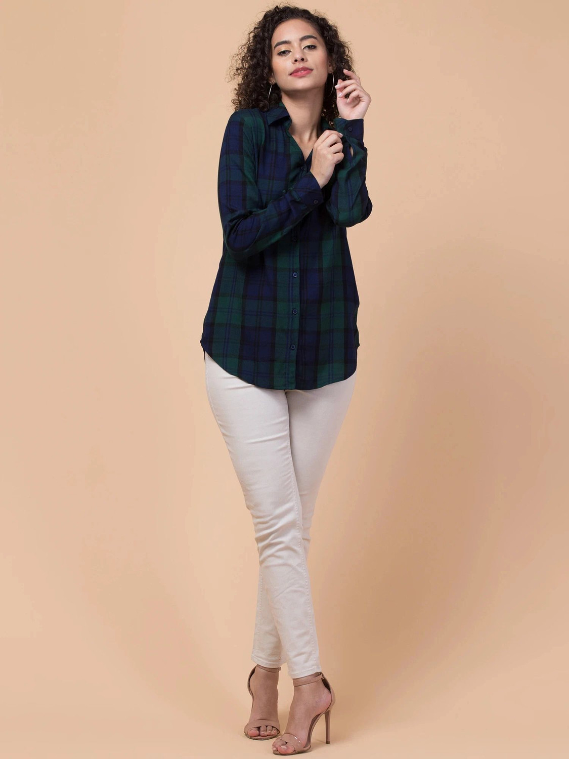 Image of Hive91 Women Checkered Casual Black, Dark Blue, Green Shirt