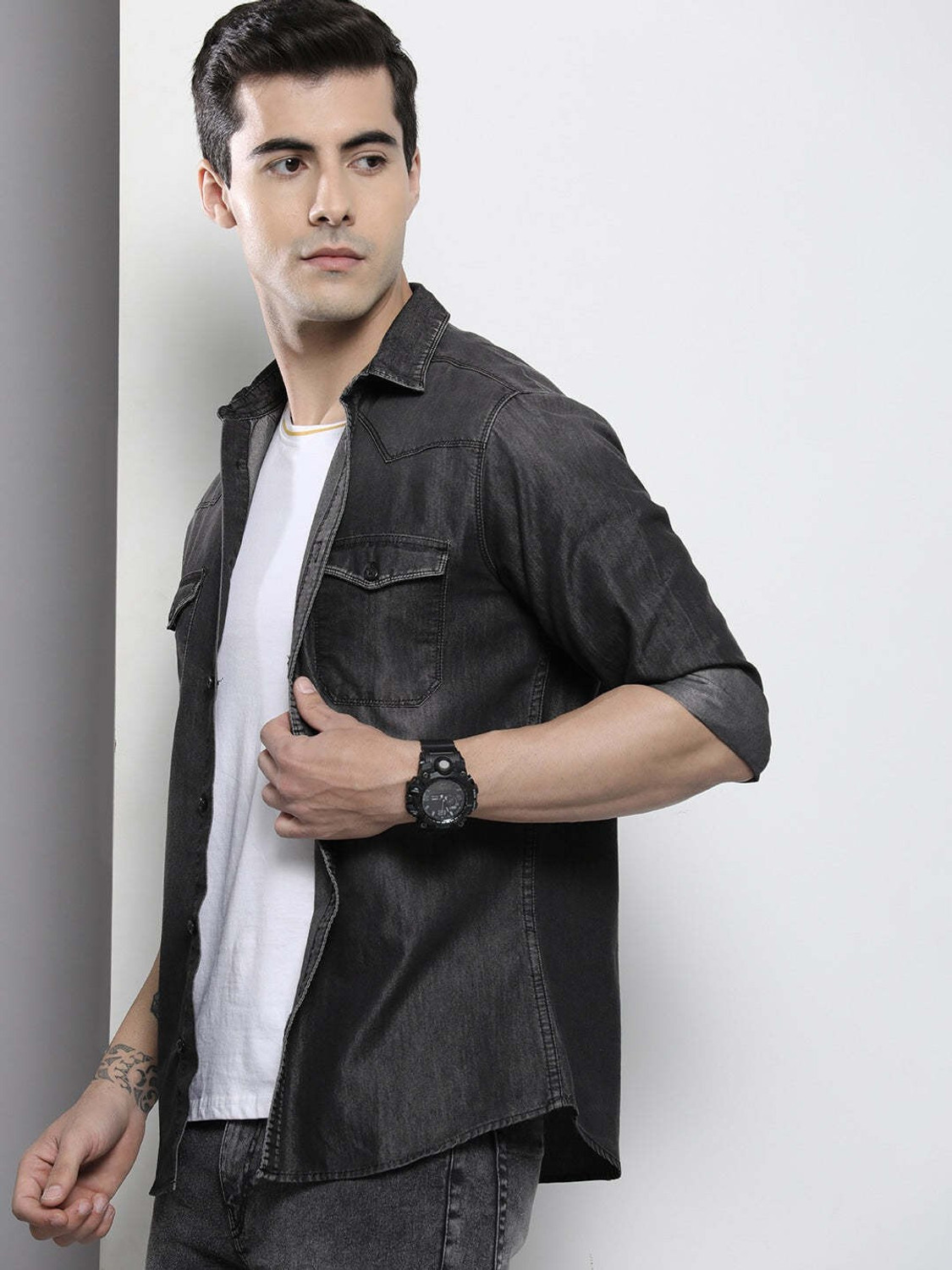 Image of The Indian Garage Co. Men Washed Casual Black Shirt