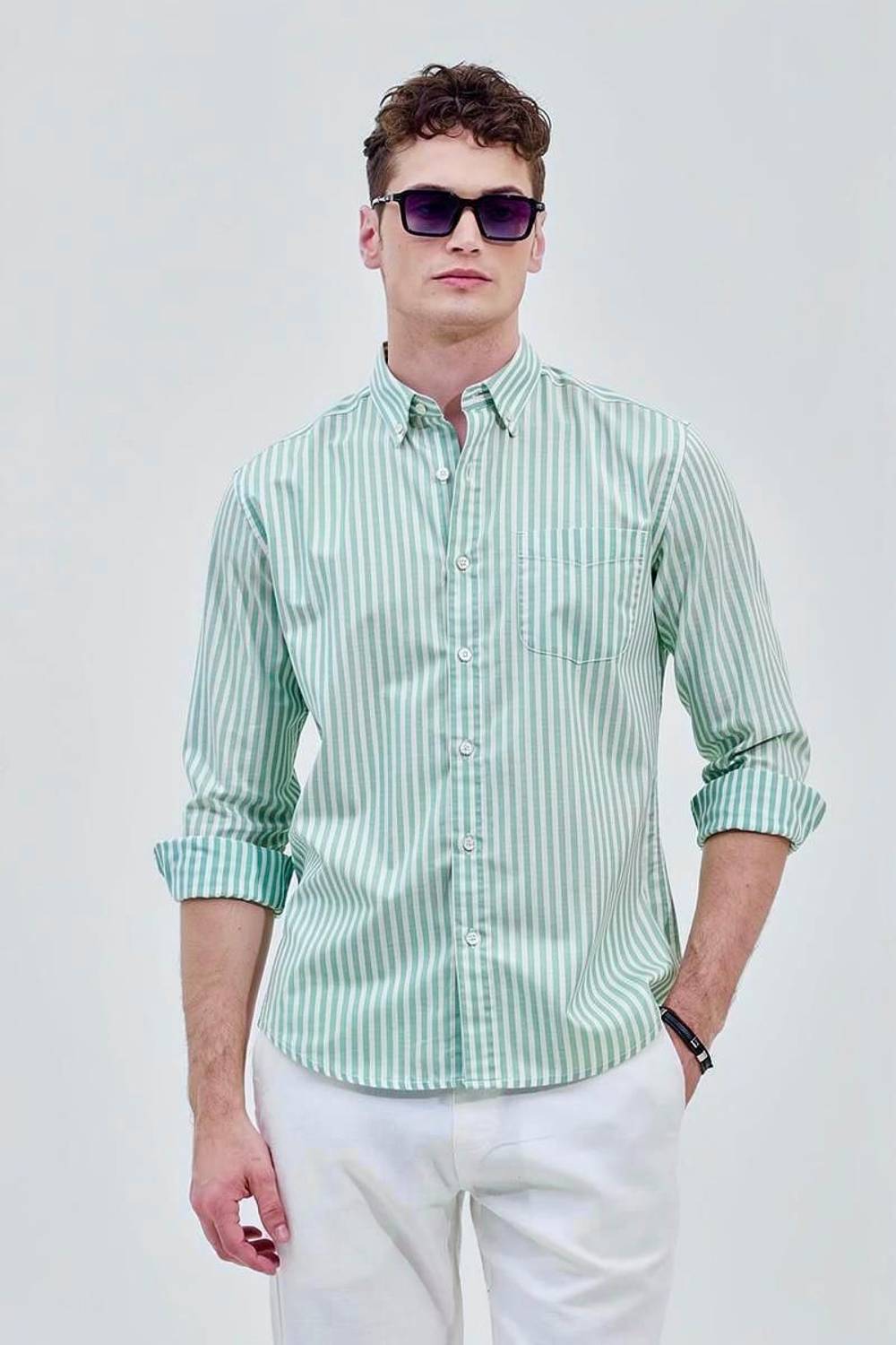 RODEIZ Men Green, White Striped Casual Shirt - Image 5