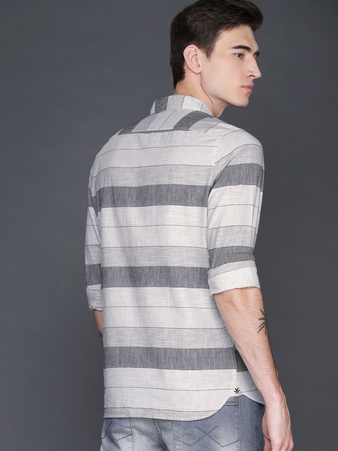Image of WROGN Men Striped Casual White, Grey Shirt