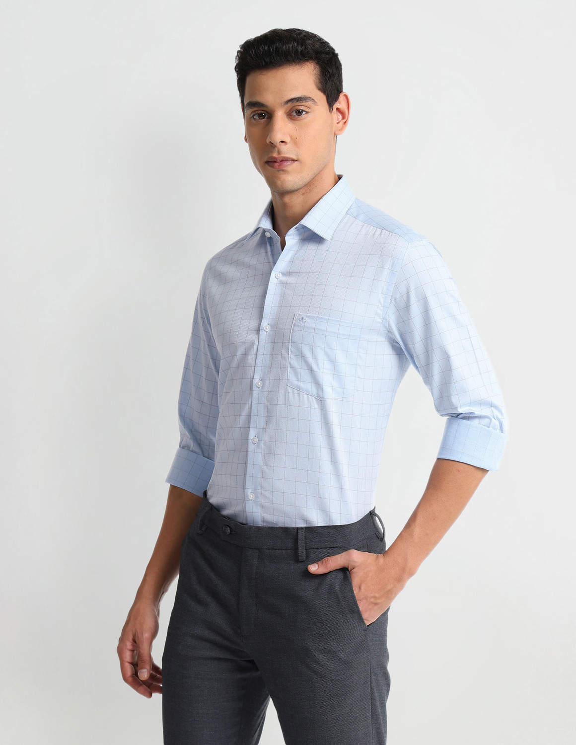 Image of ARROW Men Checkered Formal Light Blue Shirt