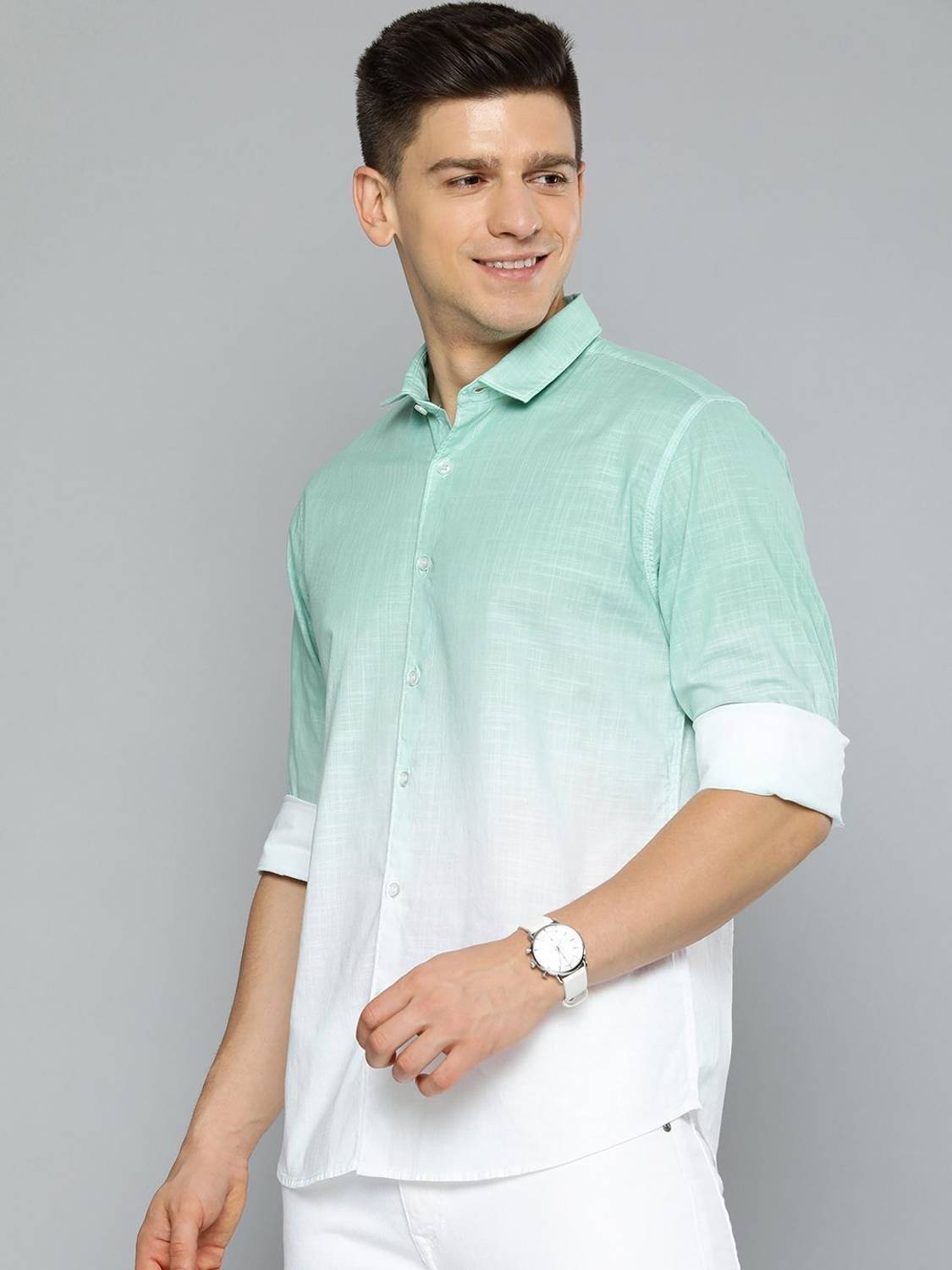 Mast & Harbour Men Dyed/Ombre Casual Green, White Shirt - Image 3