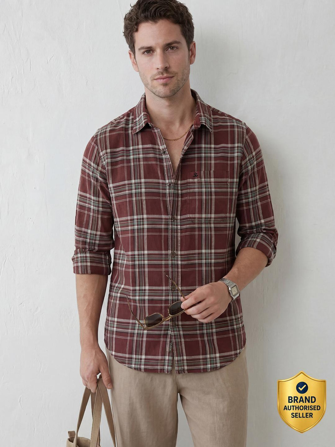 Image of WROGN Men Checkered Casual Maroon Shirt